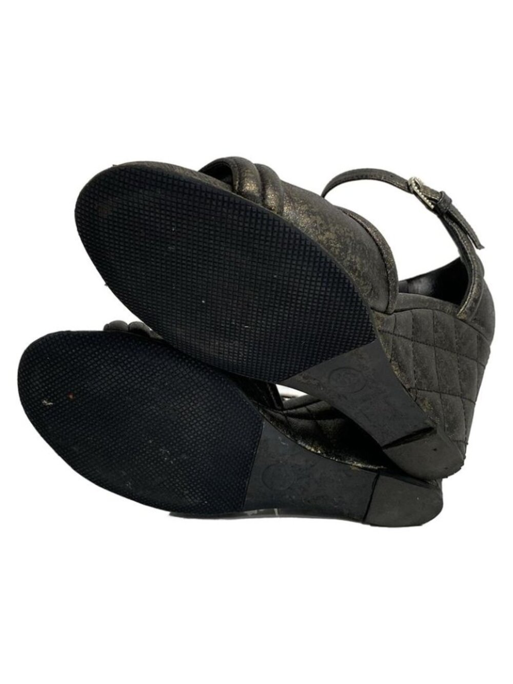 Chanel Sandals 5.5 C Gold Black Wedge Sole CC Logo Faux Pearl Leather - Picture 4 of 7